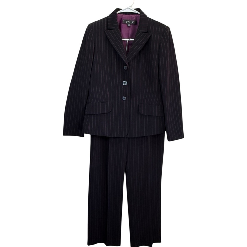 Kasper Black and Purple Pinstripe Pantsuit.. Size Blazer 6P/ Pants 4P